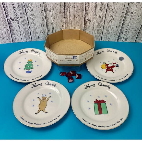 NWT Vintage Merry Brite Set of 4 Christmas Porcelain Dessert Salad Plates 7.5" - Picture 1 of 8